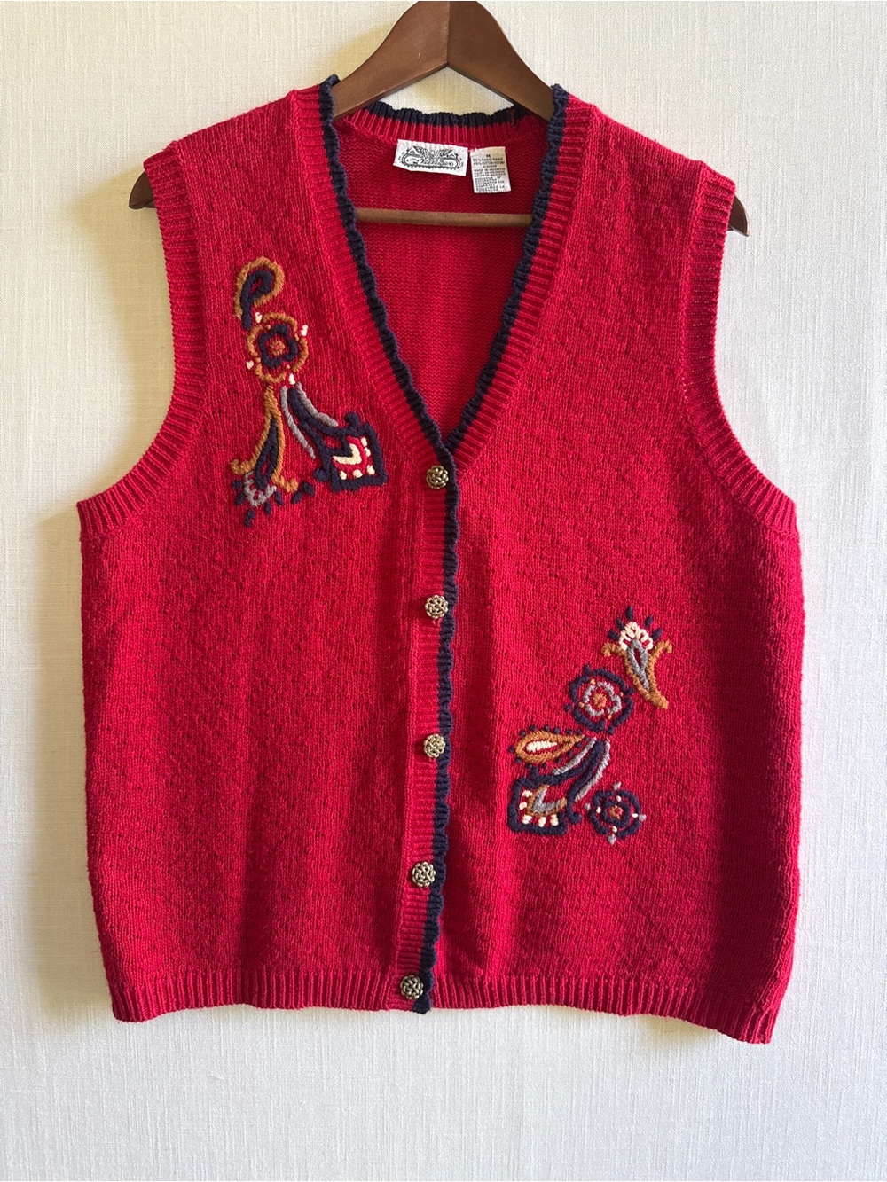 Vintage The Villager Red Embroidered Paisley Knit Button Up Sweater Vest M